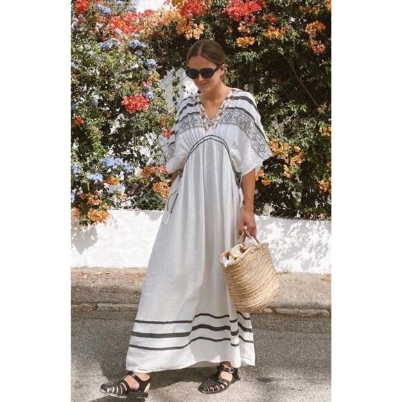 ZARA Boho Kaftan Dress Ecru Beaded XS/S Maxi Adjustable Waist Gypsy Festival - Picture 1 of 14